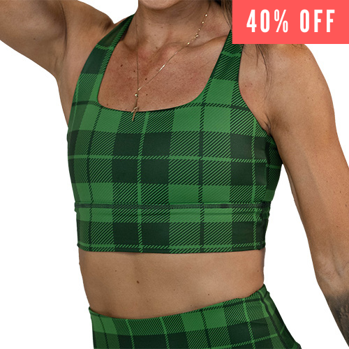 40% off of the green plaid sports bra