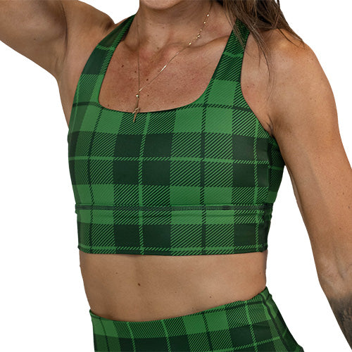 front view of the green plaid sports bra