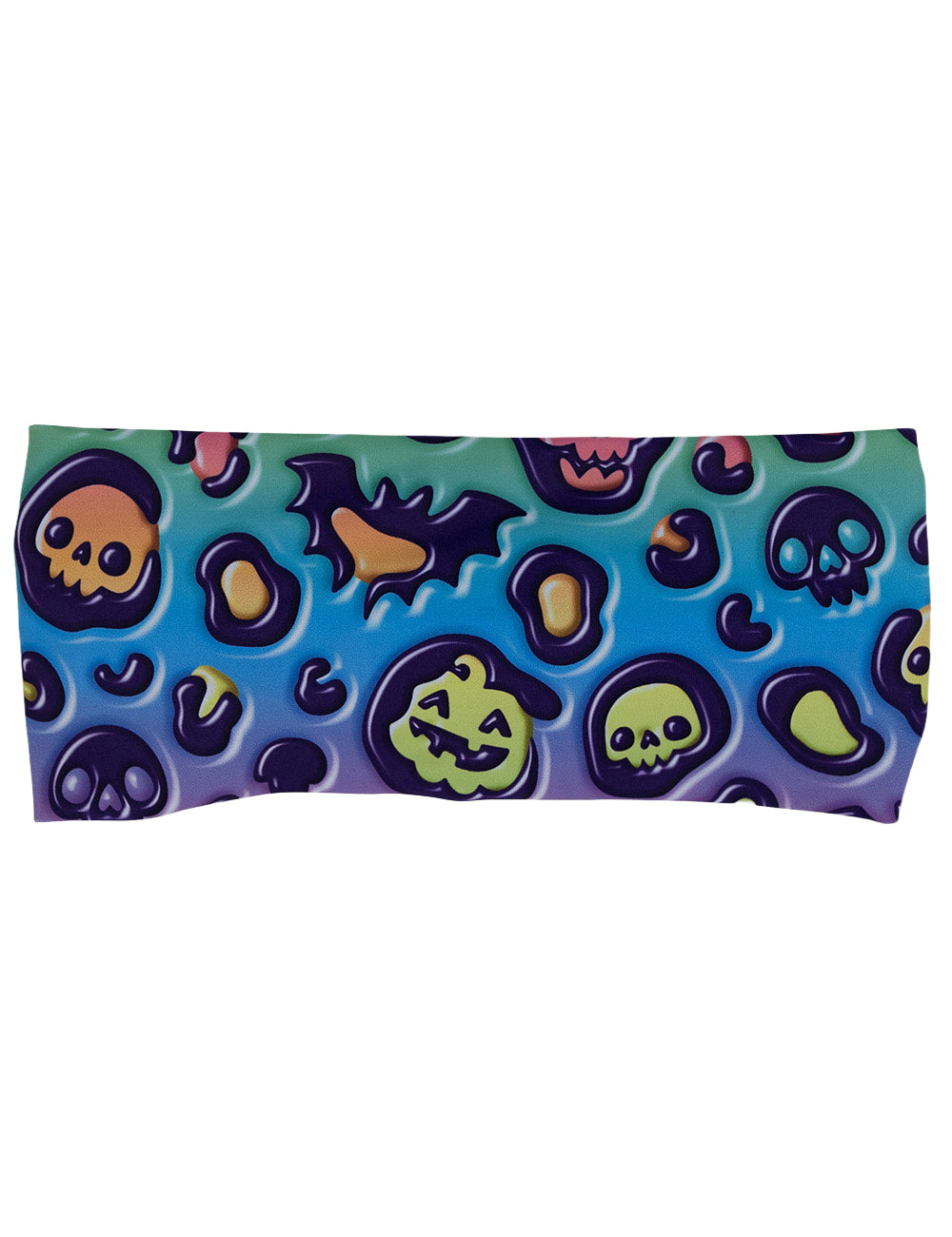 front of the rainbow leopard with bats, skulls, and jack o lanterns against a white background