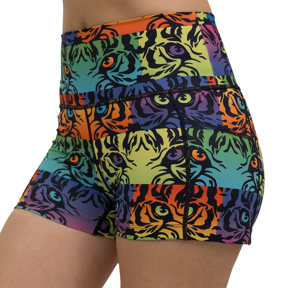 close up of 2.5 inch rainbow tiger print shorts against a white background