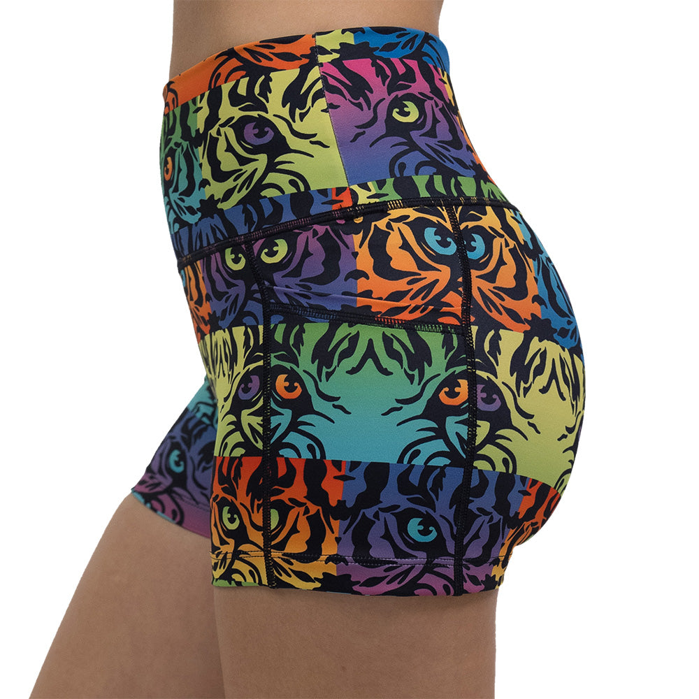 rainbow tiger print 2.5 inch shorts facing the side against a white background