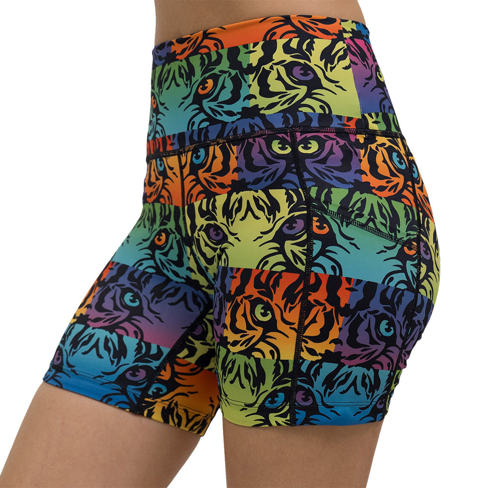 5 inch rainbow tiger print shorts facing the front against a white background