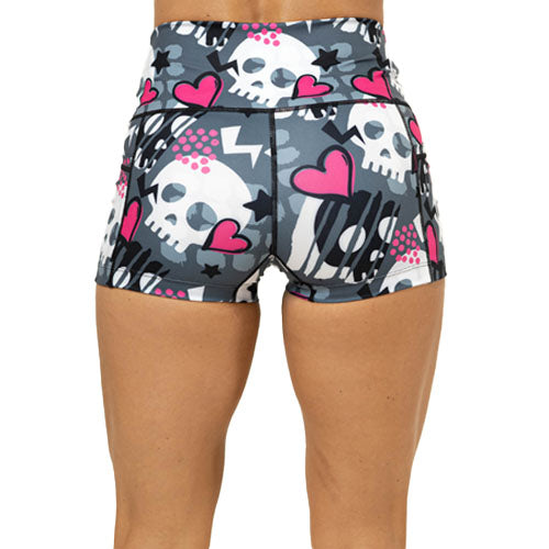 back of 2.5 inch skull and heart pattern shorts