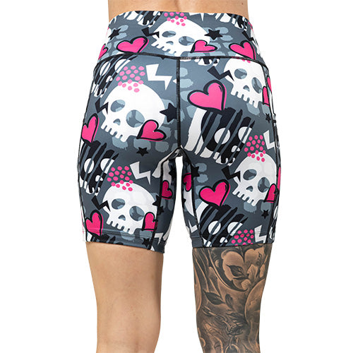 back of 7 inch skull and heart pattern shorts