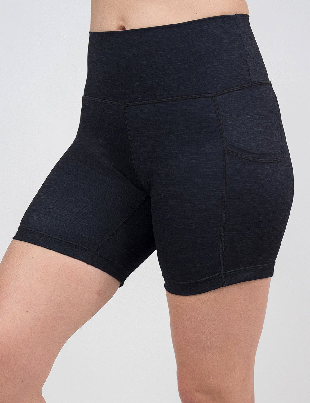front of the 5 inch black heather pattern shorts against a white background
