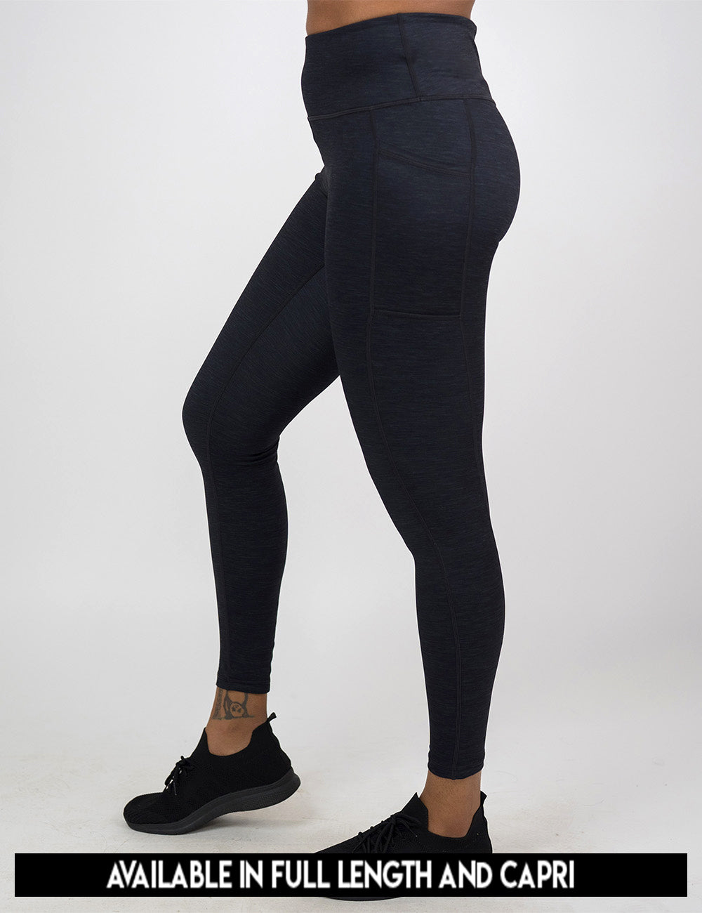 available lengths for the black heather pattern leggings, lengths include full length and capri