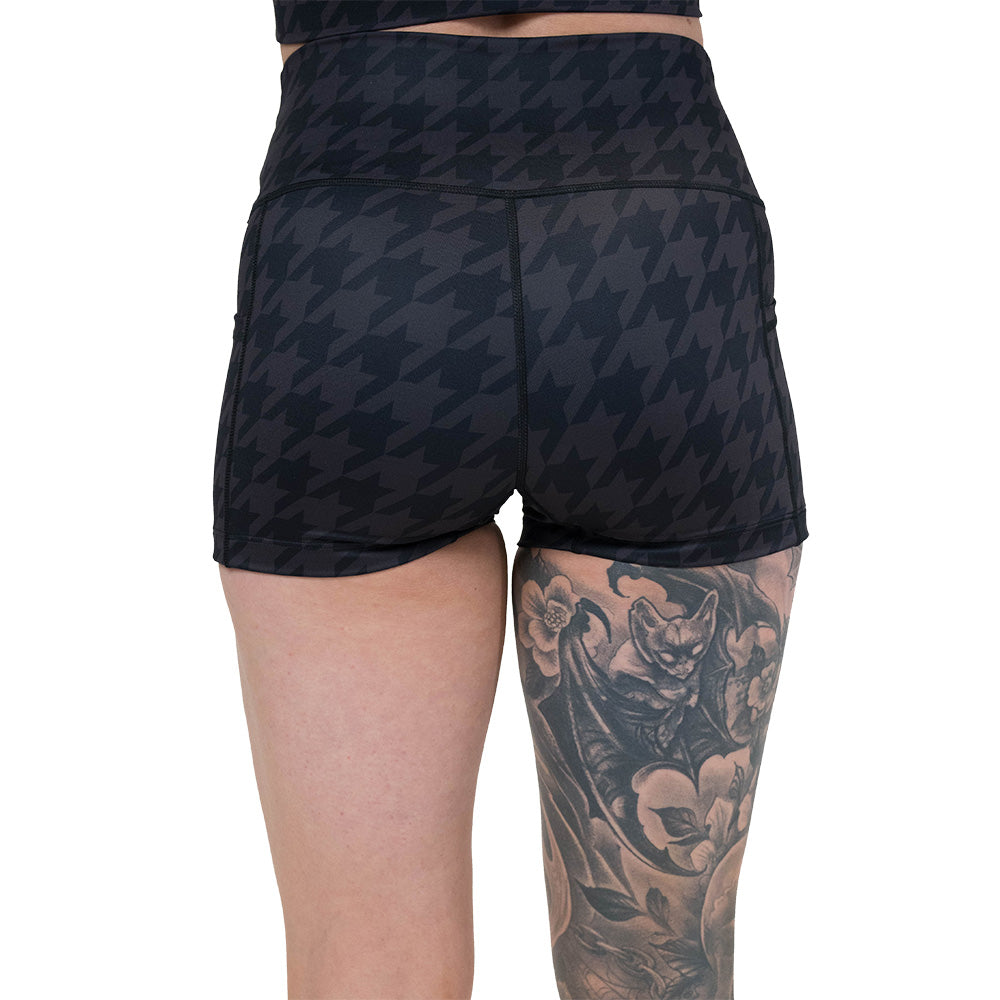 back of the houndstooth patterned shorts