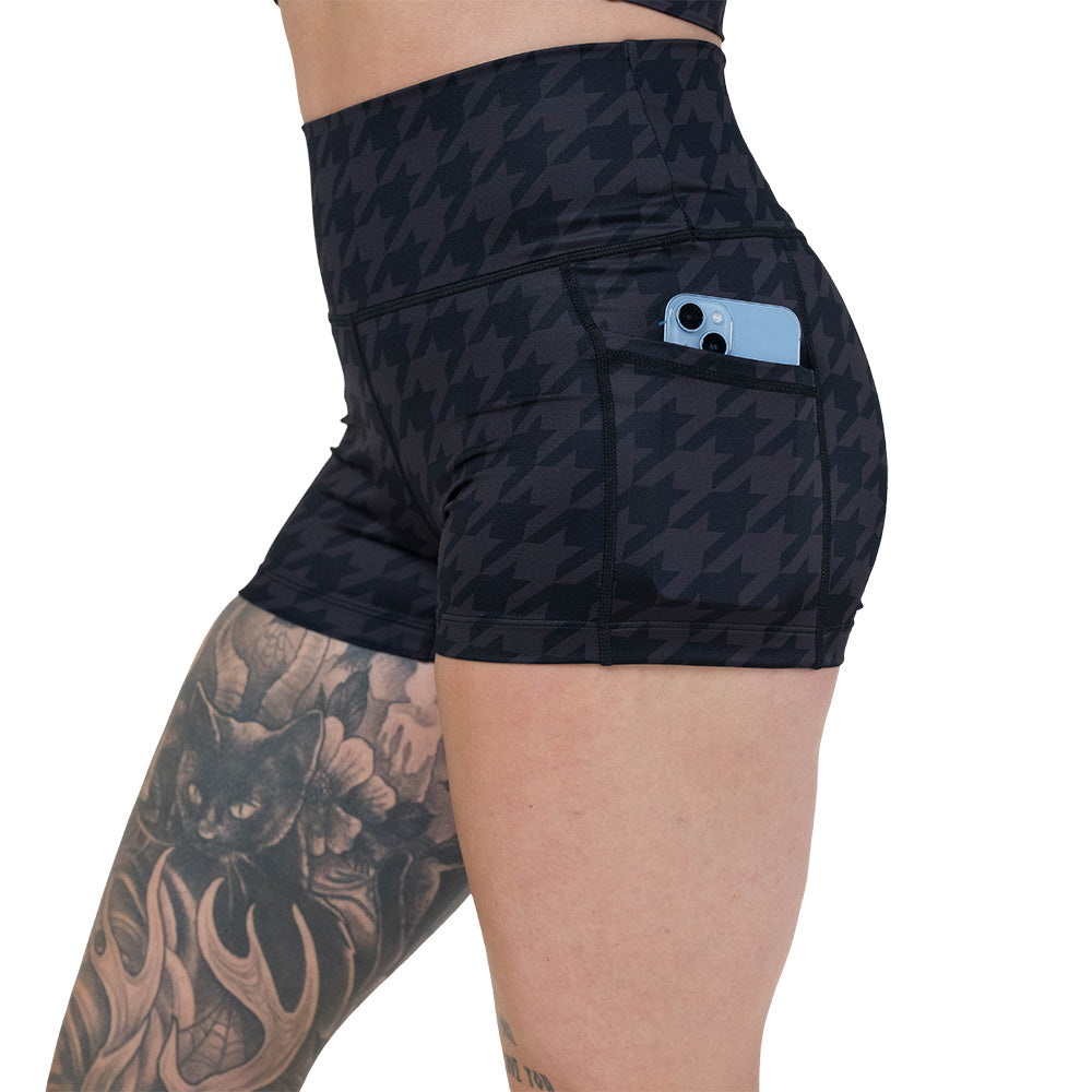 side pocket on the houndstooth patterned shorts