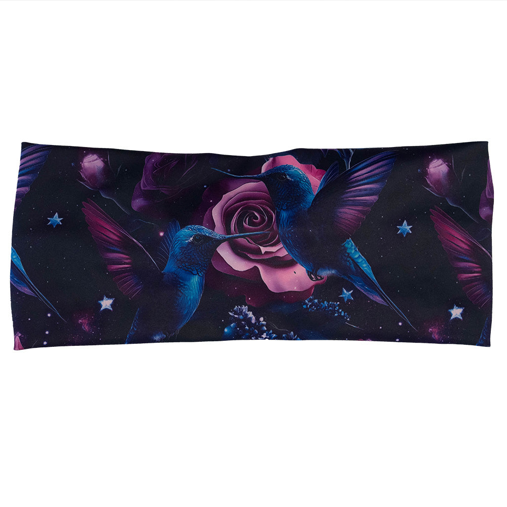 headband with a design of a blue hummingbird and pink roses
