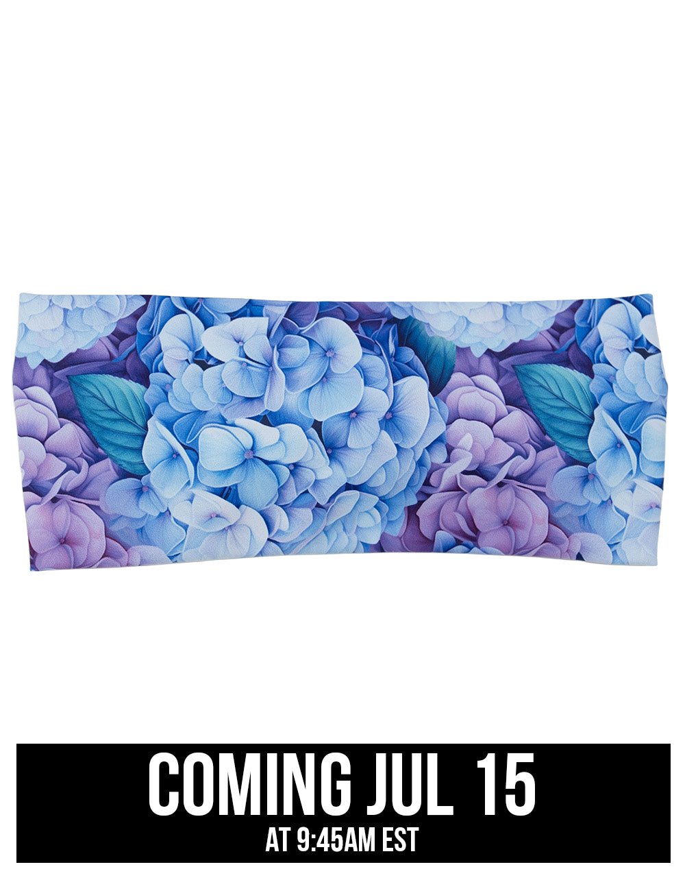front of the blue and purple pastel flowers headband against a white background, coming july 15th