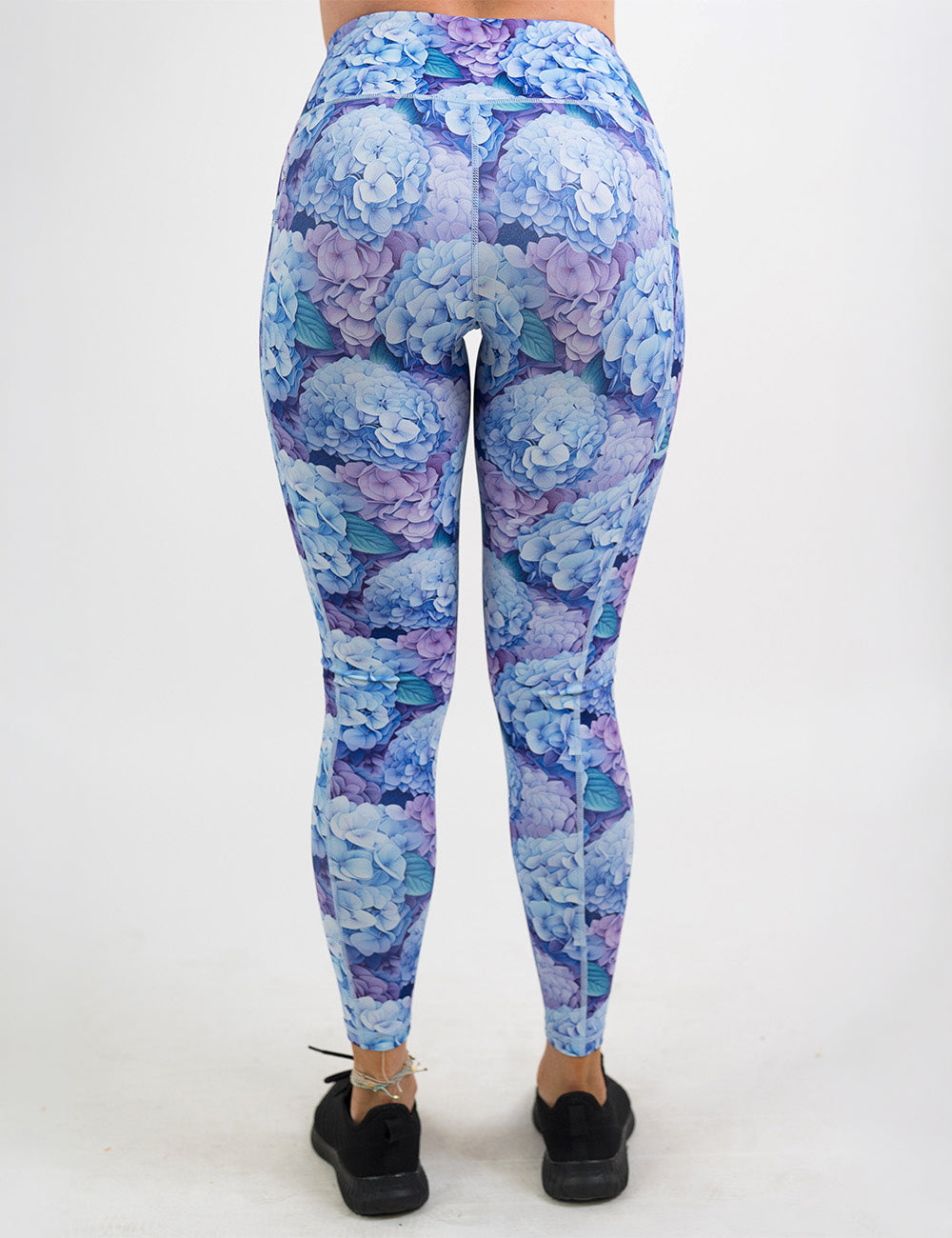 back of the full length pastel blue and purple hydrangea flower pattern against a white background