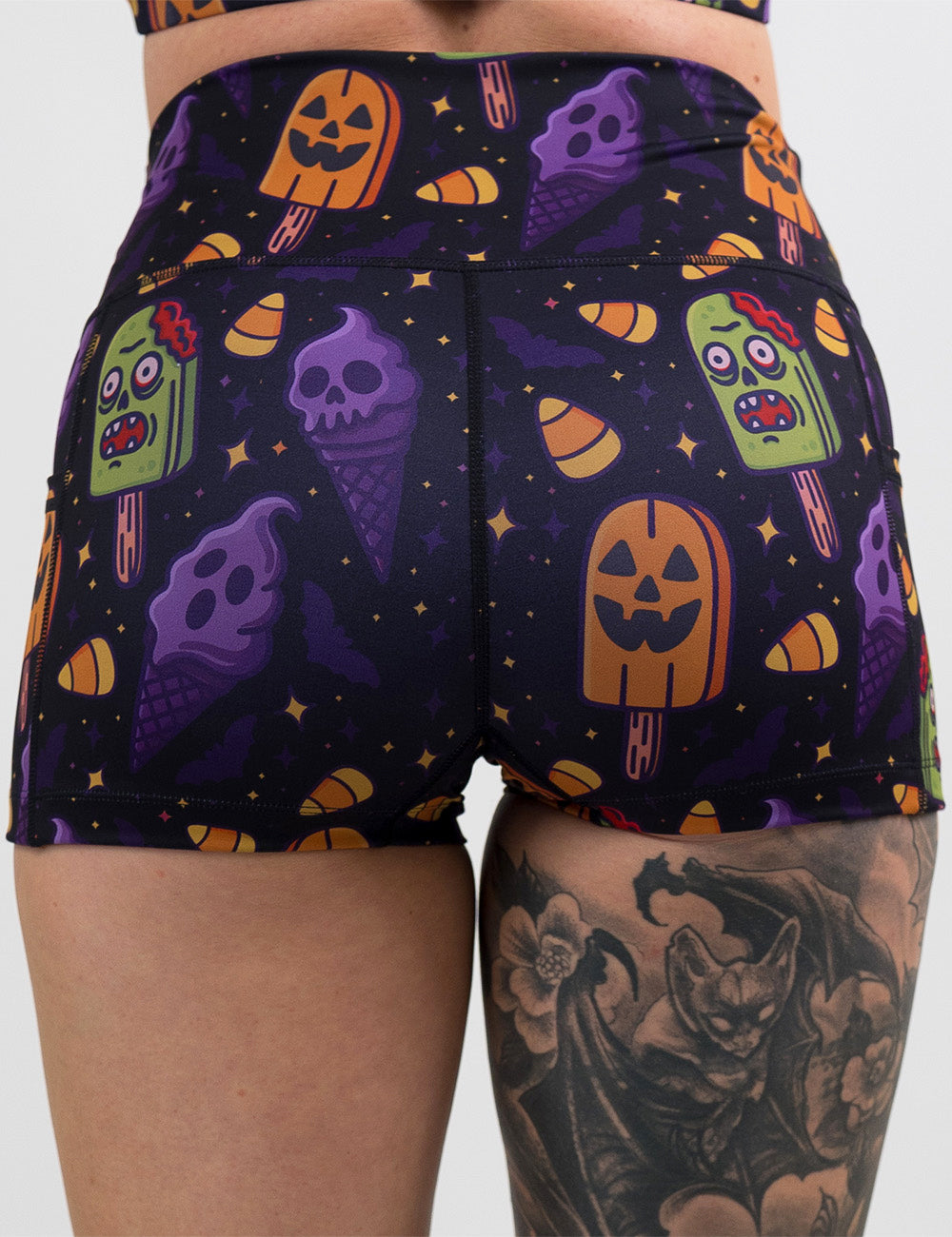 back of the 2.5 inch zombie, jack o lantern, and ghost ice cream's shorts against a white background