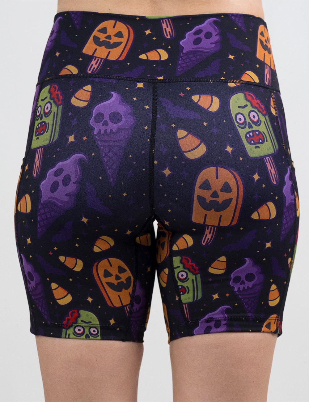 back of the 7 inch zombie, jack o lantern, and ghost ice cream's shorts against a white background
