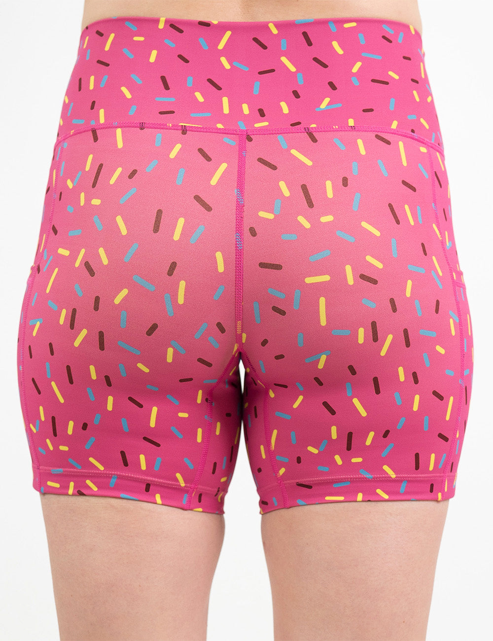 back of the 5 inch pink shorts with a sprinkles pattern against a white background
