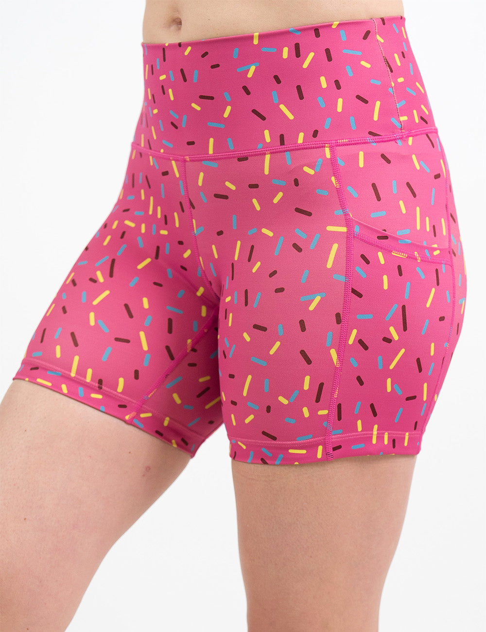 front of the 5 inch pink shorts with a sprinkles pattern against a white background