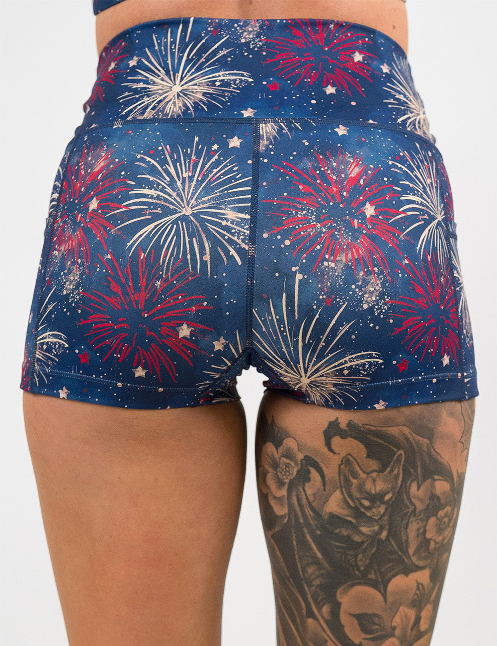 back of the 2.5 inch patriotic fireworks shorts against a white background