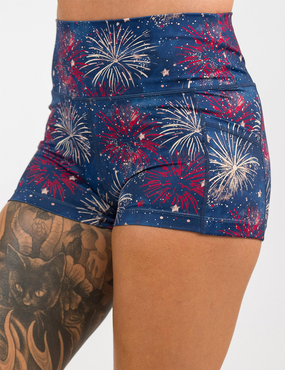 front of the 2.5 inch patriotic fireworks shorts against a white background
