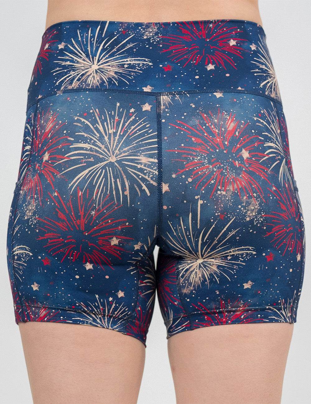 back of the 5 inch patriotic fireworks shorts against a white background