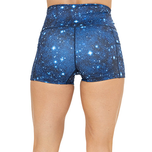 back of 2.5 inch galaxy themed shorts