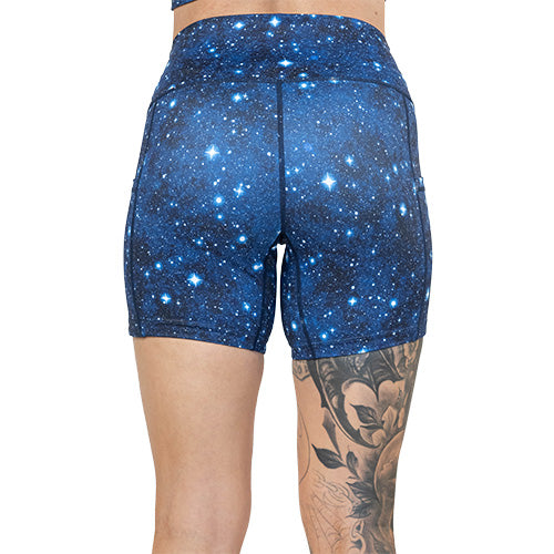 back of 5 inch galaxy themed shorts