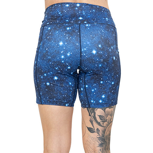 back of 7 inch galaxy themed shorts