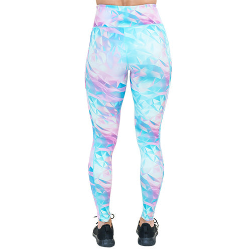 back of full length iridescent triangle patterned leggings