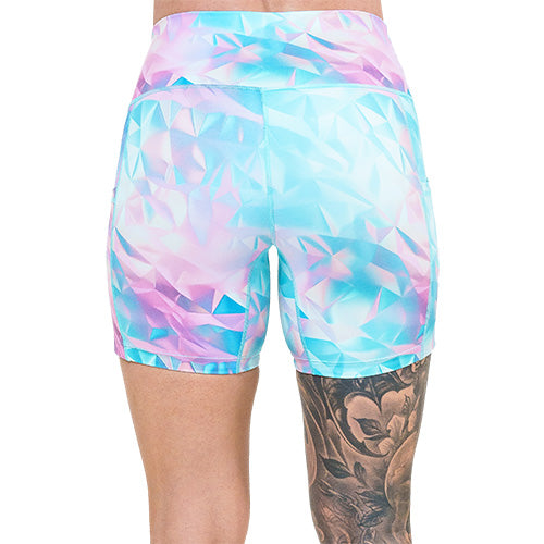 back of 5 inch iridescent triangle patterned shorts