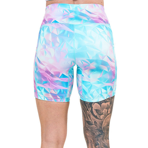 back of 7 inch iridescent triangle patterned shorts