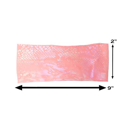 pink iridescent headband measured at 2 by 9 inches