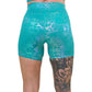 back of 5 inch blue iridescent shorts