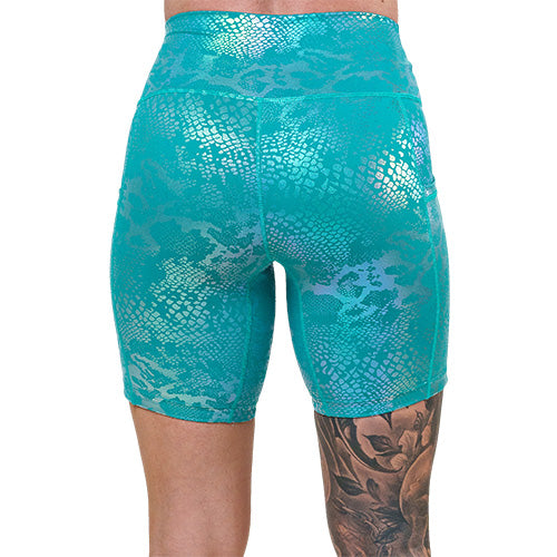 back of 7 inch blue iridescent shorts