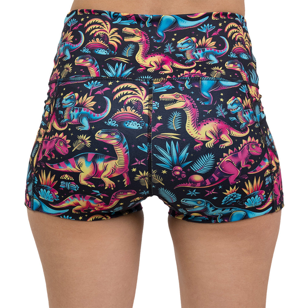 back of the dinosaur print 2.5 inch shorts against a white background