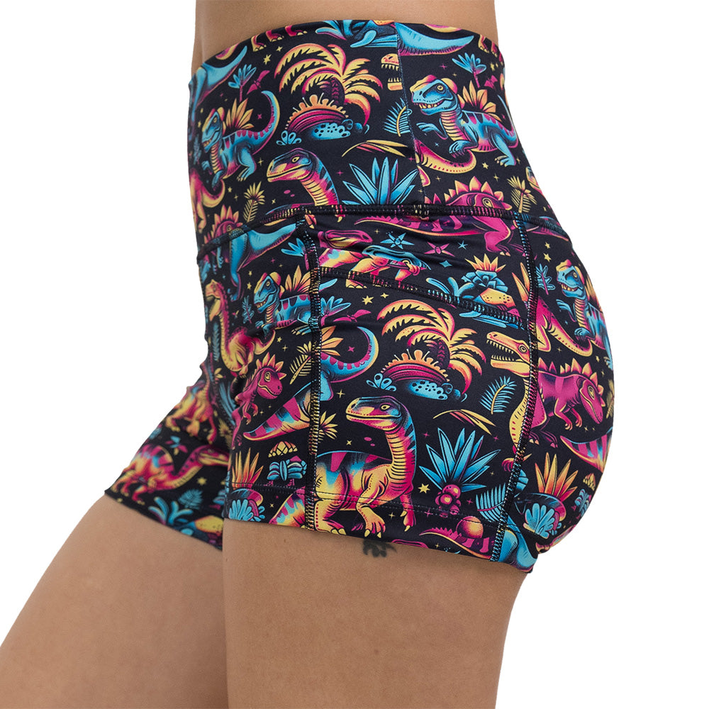 dinosaur 2.5 inch shorts facing the side against a white background