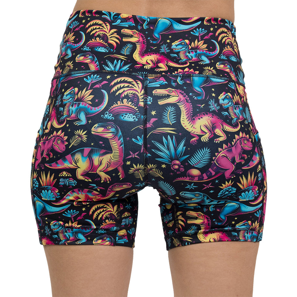 back of dinosaur print5 inch shorts against a white background