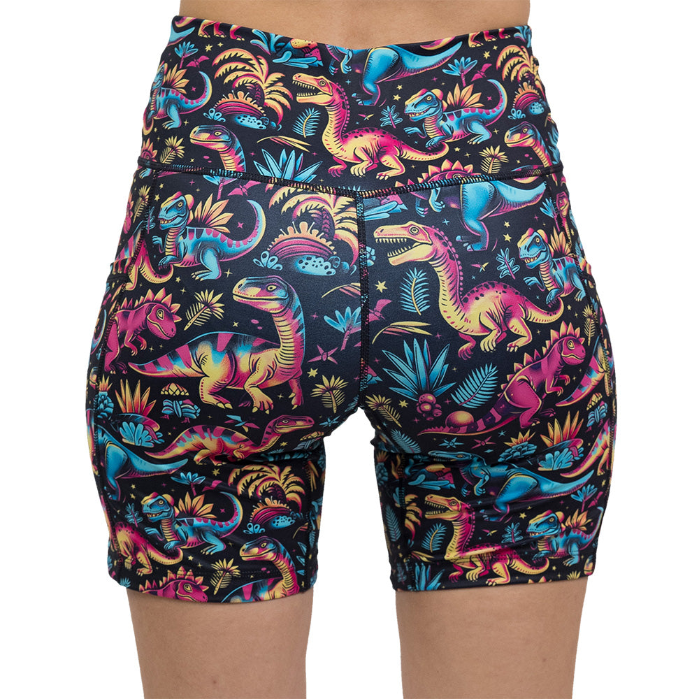 back of dinosaur print 7 inch shorts against a white background
