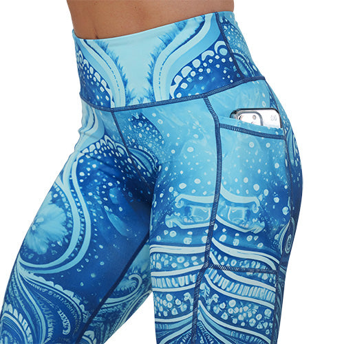 blue underwater themed leggings pocket