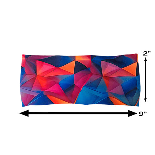 colorful triangle print headband measured at 2 by 9 inches