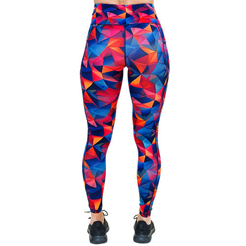 back of full length colorful triangle print leggings