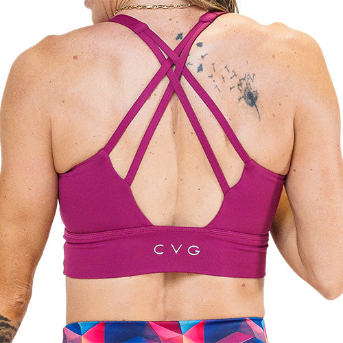 back of solid burgundy sports bra