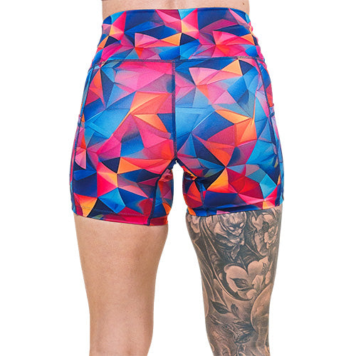 back of 5 inch colorful triangle print shorts