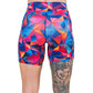 back of 7 inch colorful triangle print shorts