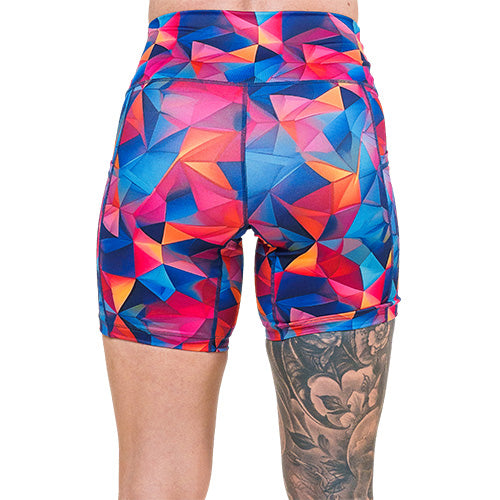 back of 7 inch colorful triangle print shorts