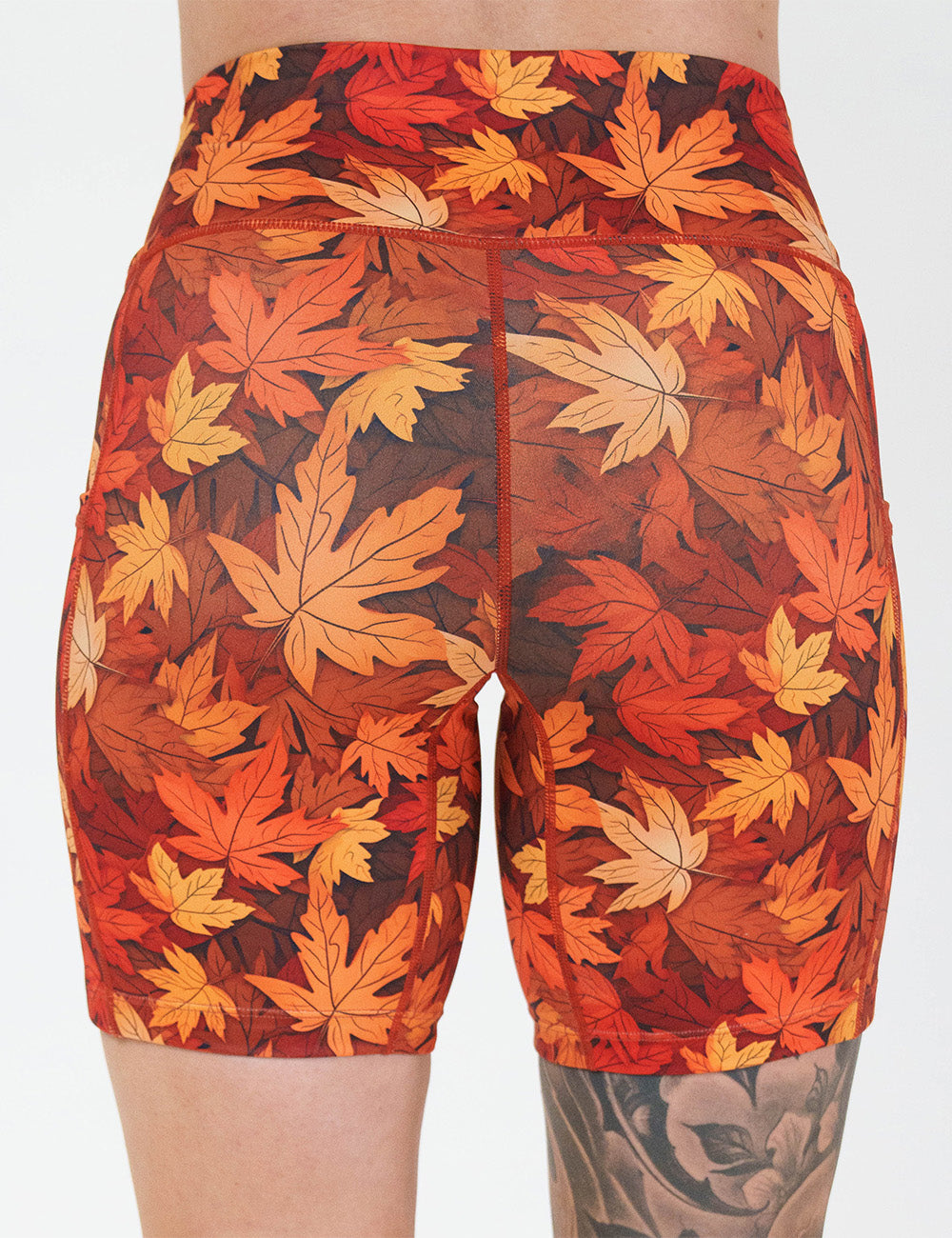 back of the 7 inch orange leaves shorts against a white background