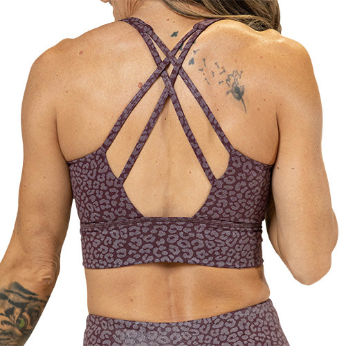 back of burgundy leopard print sports bra