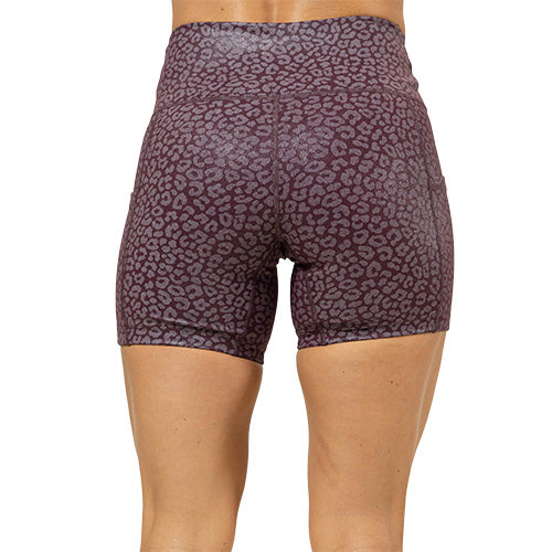 back of 5 inch burgundy leopard print shorts