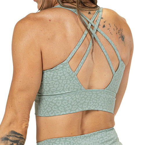 back of teal green leopard print sports bra