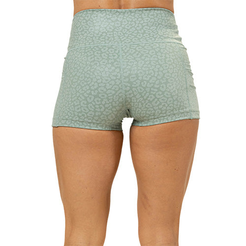 back of 2.5 inch teal green leopard print shorts