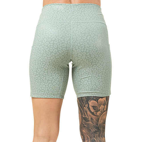 back of 7 inch teal green leopard print shorts