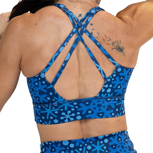 back view of the blue snowflake sports bra
