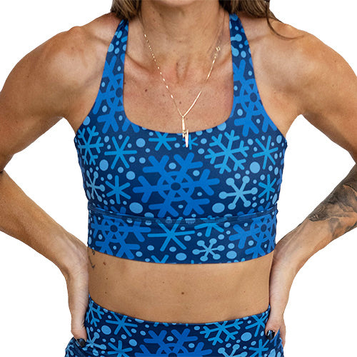 front view of the blue snowflake sports bra